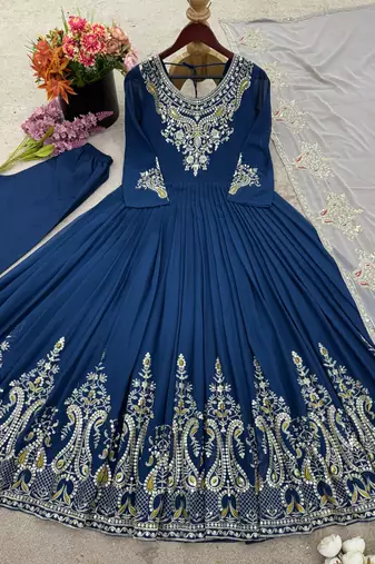 Blue festive wear designer heavy georgette multi thread heavy 5mm embroidery sequence work readymade suit