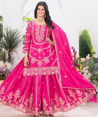 Pink festive wear designer pure heavy chinnon silk  readymade suit 1