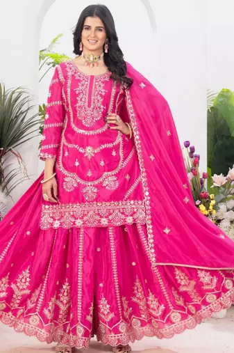 Pink festive wear designer pure heavy chinnon silk  readymade suit