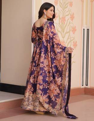Purple festive wear designer russian silk digital print with embroidered sequence work readymade suit 4
