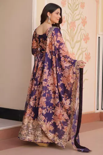 Purple festive wear designer russian silk digital print with embroidered sequence work readymade suit