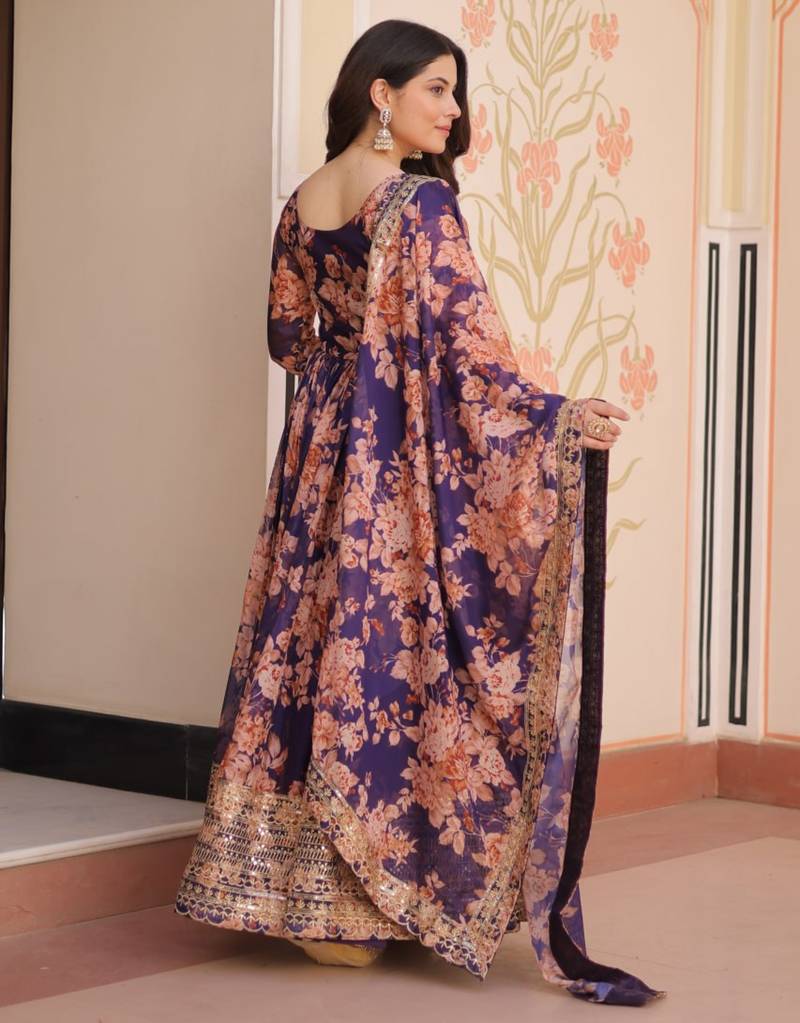 Purple festive wear designer russian silk digital print with embroidered sequence work readymade suit