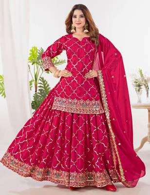 Pink festive wear designer heavy chinnon silk  readymade suit 1