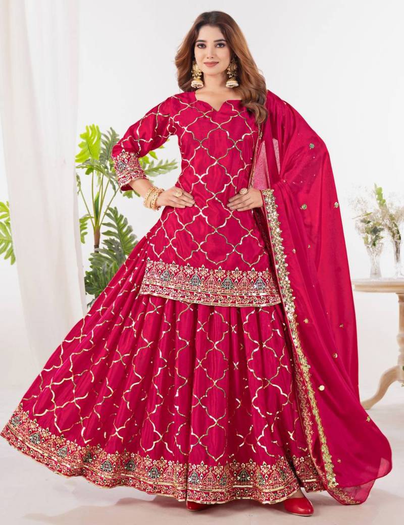 Pink festive wear designer heavy chinnon silk  readymade suit