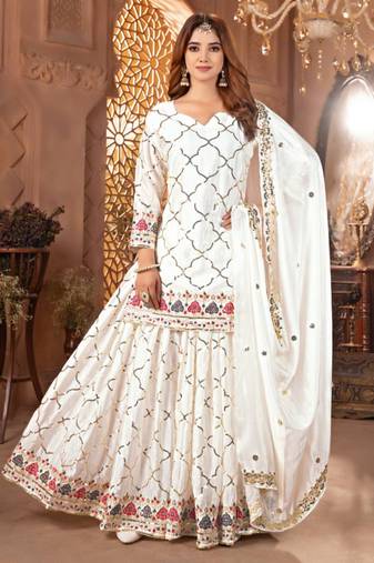 White festive wear designer heavy chinnon silk  readymade suit