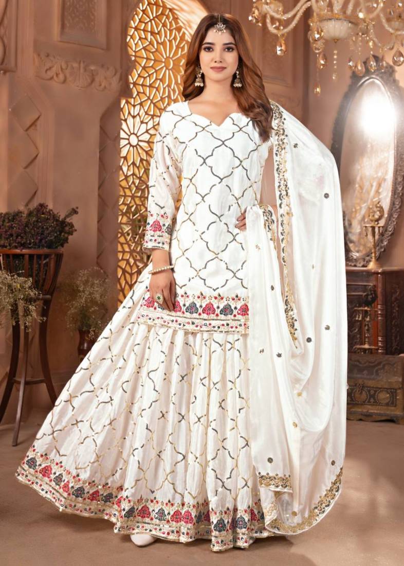 White festive wear designer heavy chinnon silk  readymade suit