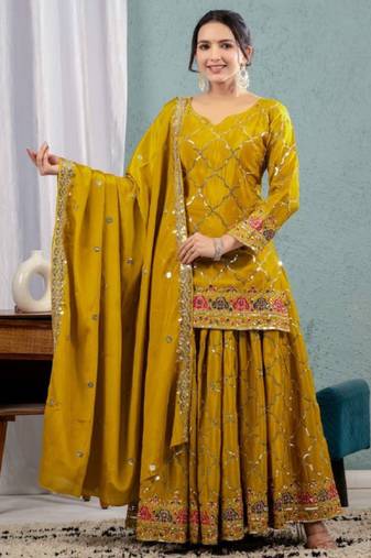 Yellow festive wear designer heavy chinnon silk  readymade suit