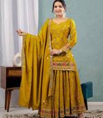 Yellow festive wear designer heavy chinnon silk  readymade suit