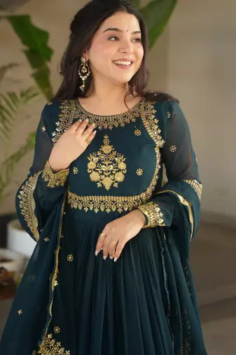 Peacock green festive wear designer faux blooming georgette zari thread & sequins embroidery work readymade suit