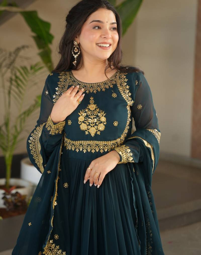 Peacock green festive wear designer faux blooming georgette zari thread & sequins embroidery work readymade suit