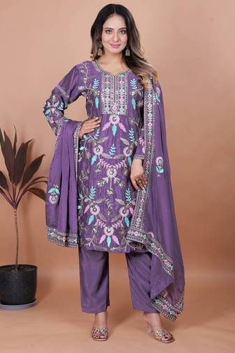 Purple festive wear designer chinon coding sequence embroidery work readymade suit