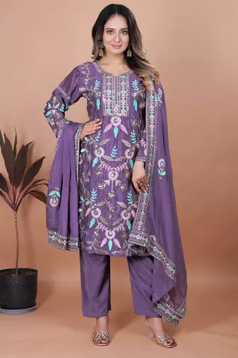 Purple festive wear designer chinon coding sequence embroidery work readymade suit