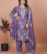 Purple festive wear designer chinon coding sequence embroidery work readymade suit