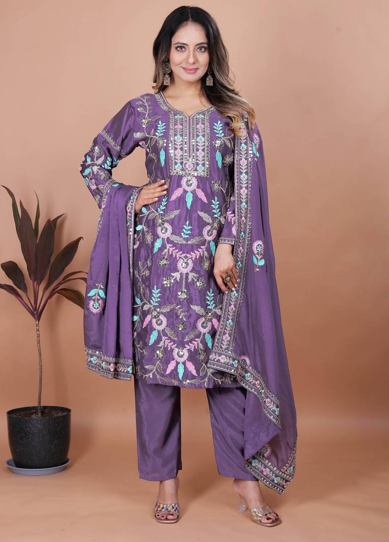 Purple festive wear designer chinon coding sequence embroidery work readymade suit