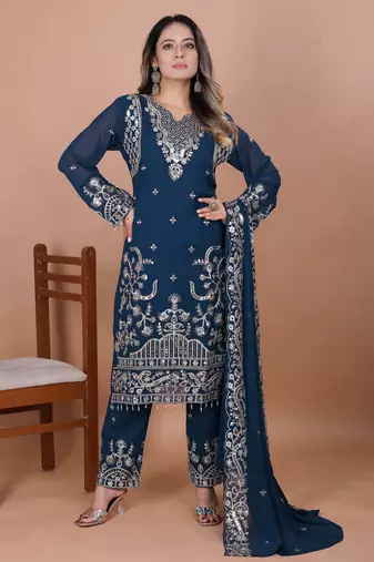 Blue festive wear designer fox georgette coding sequence embroidery work with ready made lace border readymade suit