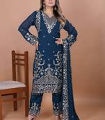 Blue festive wear designer fox georgette coding sequence embroidery work with ready made lace border readymade suit