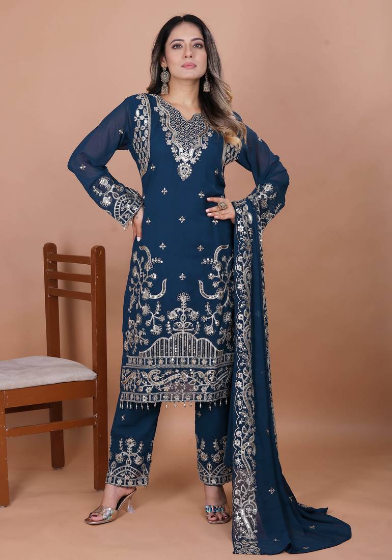 Blue festive wear designer fox georgette coding sequence embroidery work with ready made lace border readymade suit