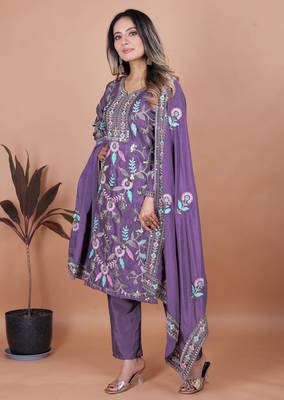 Purple festive wear designer chinon coding sequence embroidery work readymade suit 2