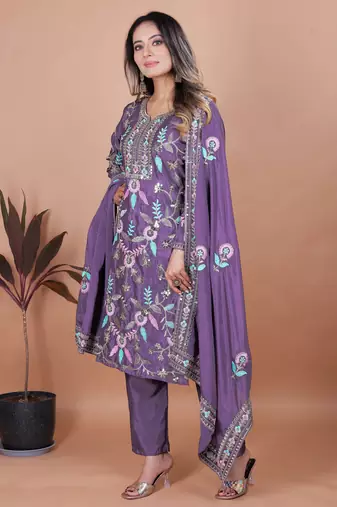 Purple festive wear designer chinon coding sequence embroidery work readymade suit