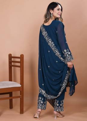 Blue festive wear designer fox georgette coding sequence embroidery work with ready made lace border readymade suit 2