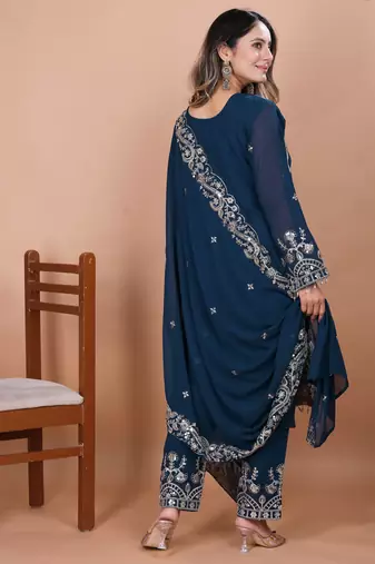 Blue festive wear designer fox georgette coding sequence embroidery work with ready made lace border readymade suit