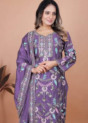 Purple festive wear designer chinon coding sequence embroidery work readymade suit 3