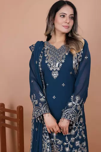 Blue festive wear designer fox georgette coding sequence embroidery work with ready made lace border readymade suit