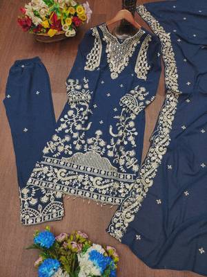Blue festive wear designer fox georgette coding sequence embroidery work with ready made lace border readymade suit 4