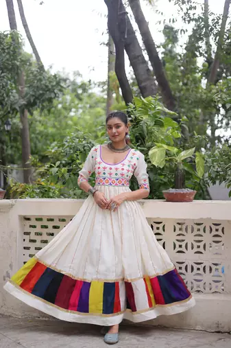 White festive wear designer roman silk thread work & gota lace embellished work readymade suit