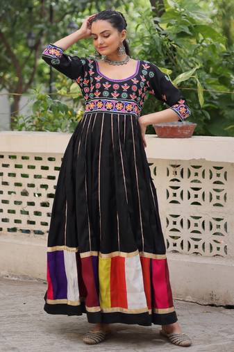 Black festive wear designer roman silk thread work & gota lace embellished work readymade suit