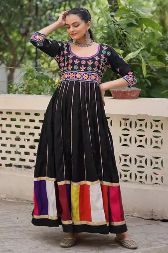 Black festive wear designer roman silk thread work & gota lace embellished work readymade suit