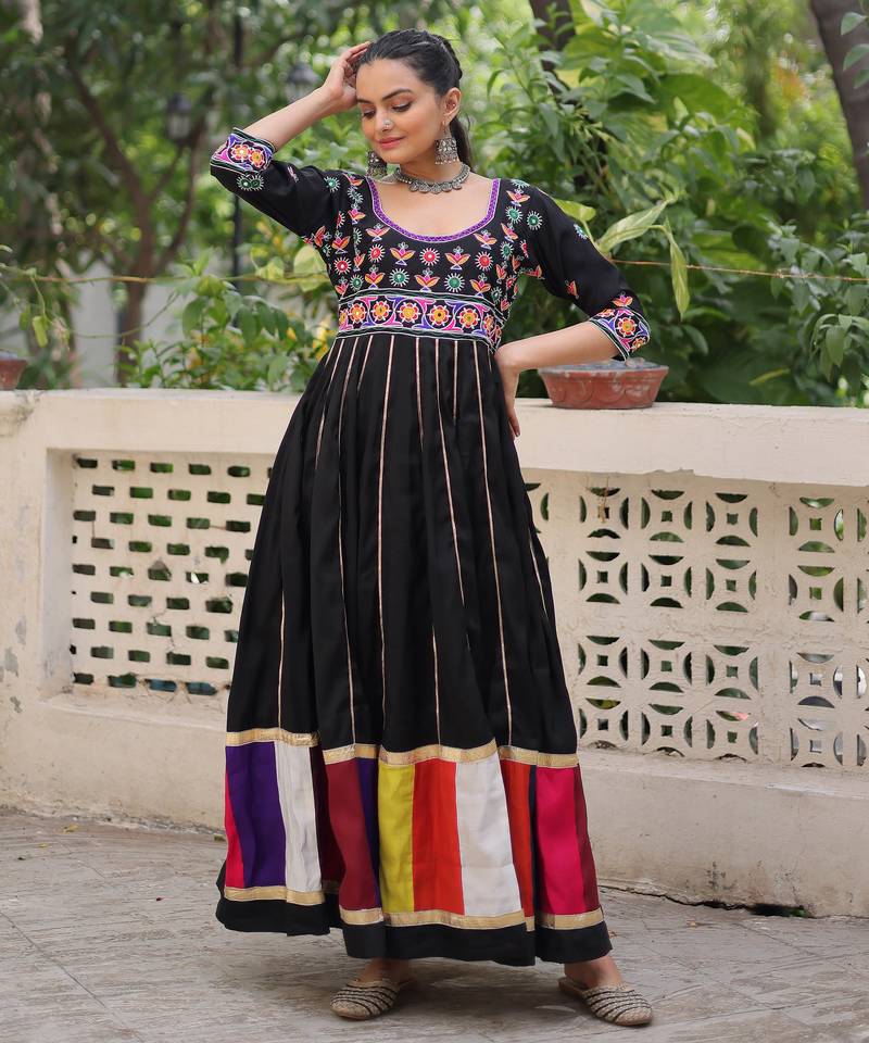 Black festive wear designer roman silk thread work & gota lace embellished work readymade suit