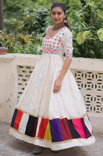 White festive wear designer roman silk thread work & gota lace embellished work readymade suit