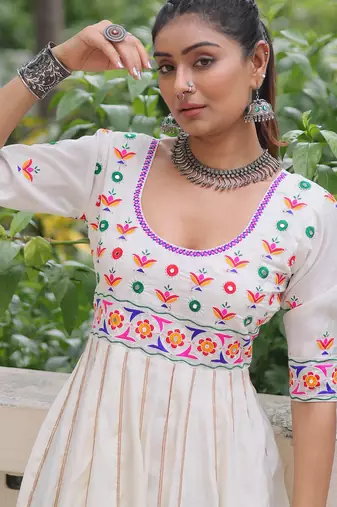 White festive wear designer roman silk thread work & gota lace embellished work readymade suit