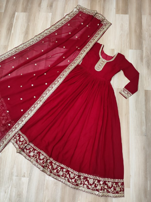 Maroon festive wear designer faux blooming georgette zari & sequins embroidered work readymade suit 4