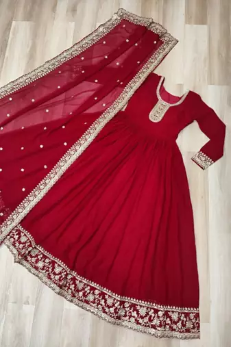 Maroon festive wear designer faux blooming georgette zari & sequins embroidered work readymade suit