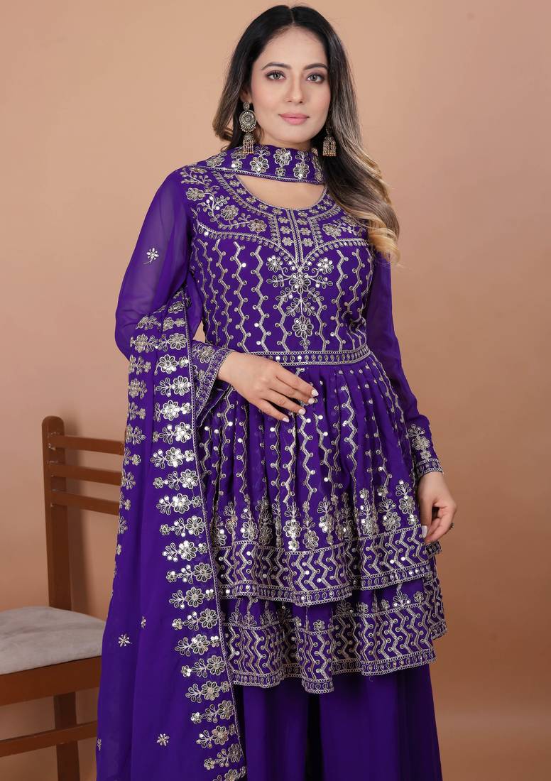 Purple festive wear designer fox georgette readymade suit