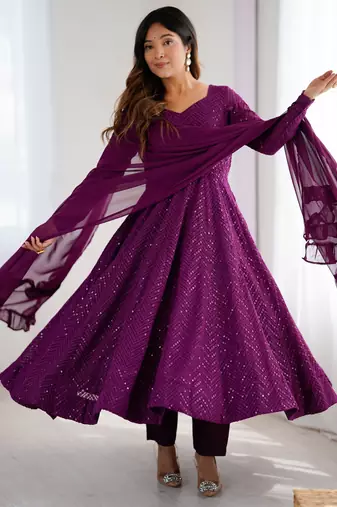 Wine festive wear designer heavy pure soft fox georgette lukhnowi sequence work readymade suit