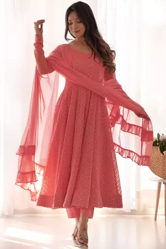 Peach festive wear designer heavy pure soft fox georgette lukhnowi sequence work readymade suit