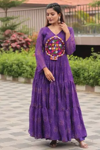 Purple festive wear designer faux georgette gamathi work with real mirror work readymade suit