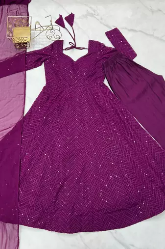 Wine festive wear designer heavy pure soft fox georgette lukhnowi sequence work readymade suit