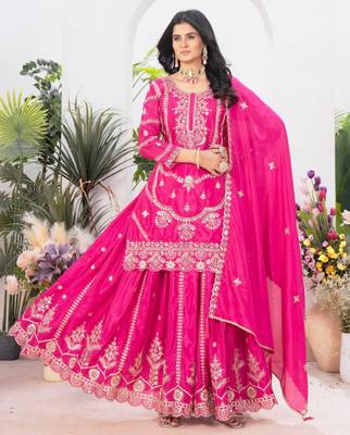Pink festive wear designer pure heavy chinnon silk  readymade suit 2