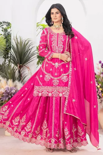 Pink festive wear designer pure heavy chinnon silk  readymade suit