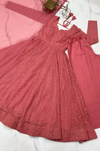 Peach festive wear designer heavy pure soft fox georgette lukhnowi sequence work readymade suit
