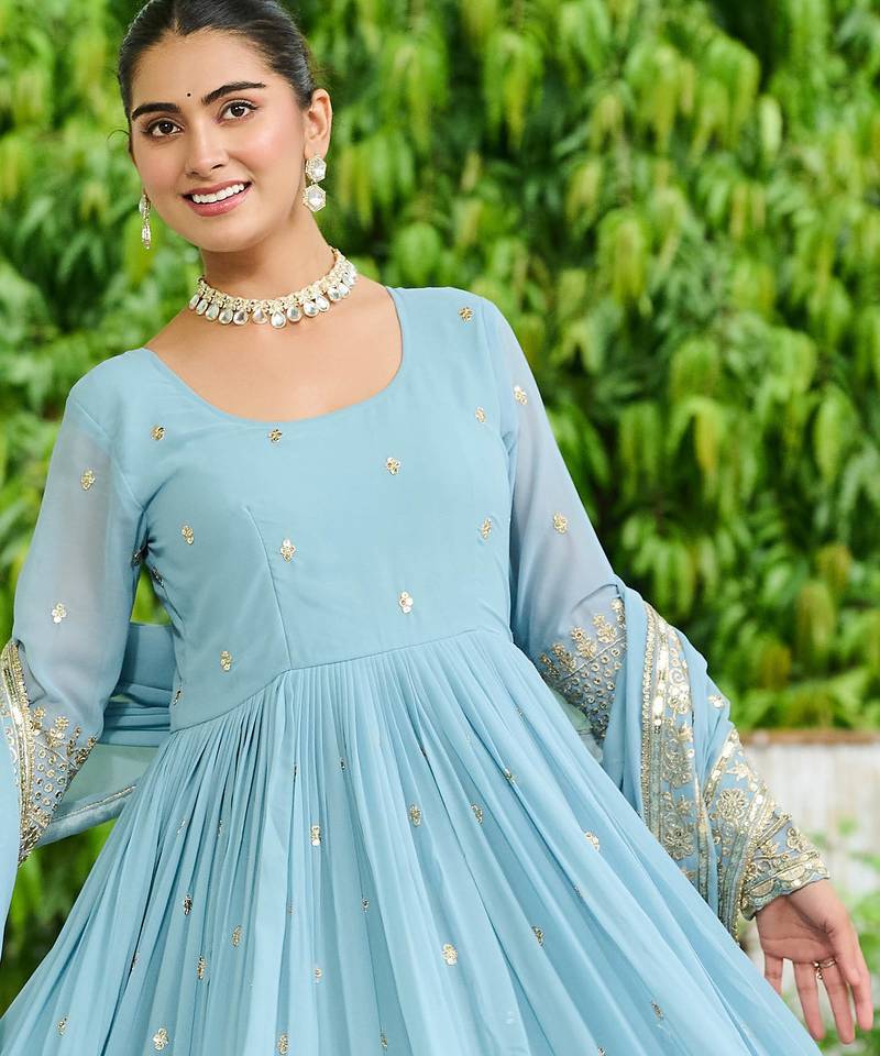 Lavender festive wear designer faux georgette embroidered work readymade suit