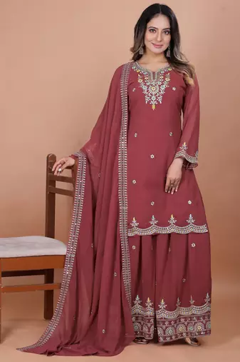 Pink festive wear designer fox georgette coding sequence embroidery work readymade suit