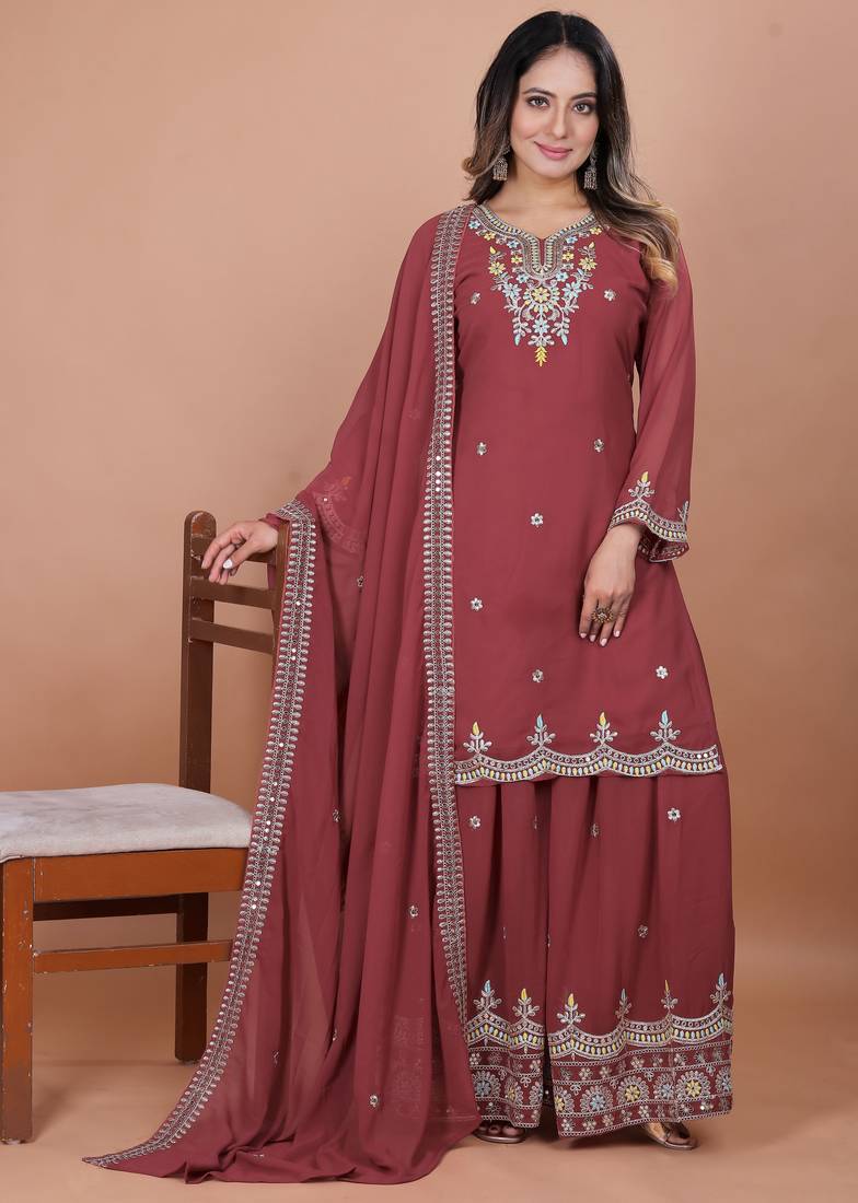Pink festive wear designer fox georgette coding sequence embroidery work readymade suit