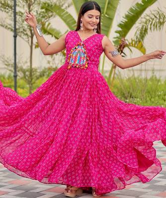 Pink festive wear designer faux georgette embroidery thread work with real mirror work readymade suit 1