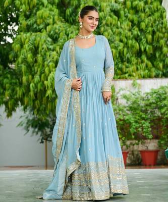 Lavender festive wear designer faux georgette embroidered work readymade suit 1