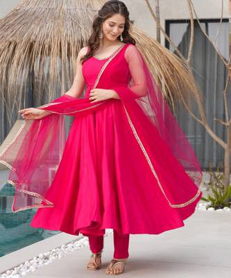 Rani pink festive wear designer heavy pure roman silk  readymade suit 1